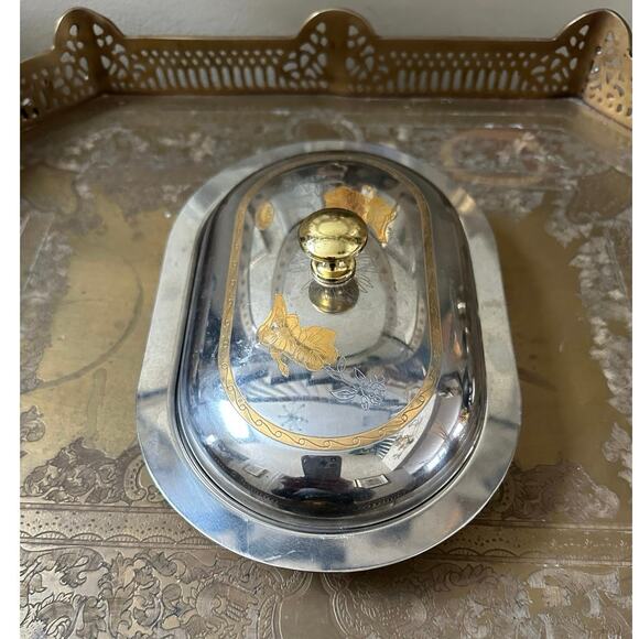 MCM Stainless Steel Lidded Butter Dish caviar cake tray set gold floral fasix - Picture 10 of 16